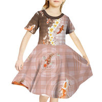 Hawaii And Japan Kid Short Sleeve Dress Plumeria Lei With Koi Fish Beige LT05 - Polynesian Pride