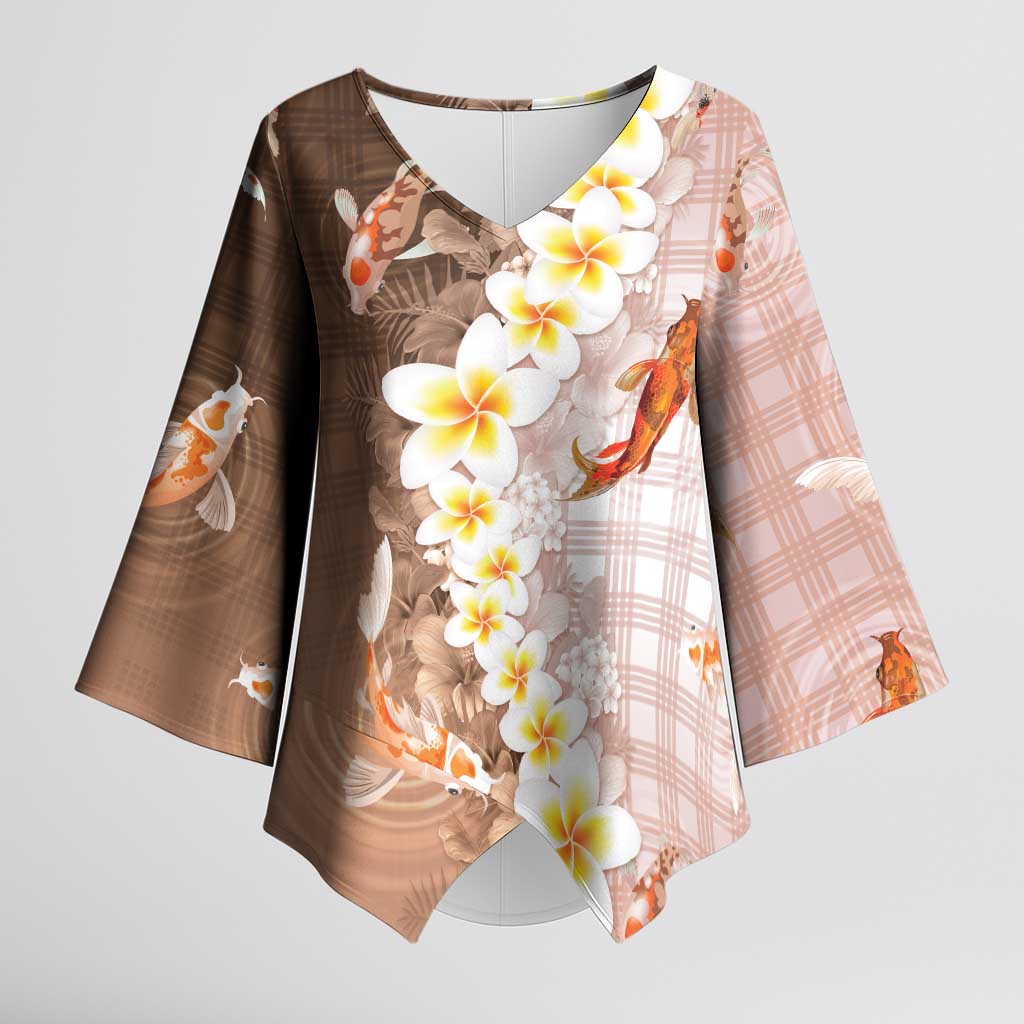 Hawaii And Japan Kimono Sleeve Blouse Plumeria Lei With Koi Fish Beige LT05 Female Beige - Polynesian Pride