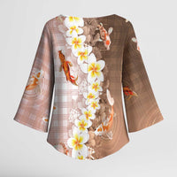 Hawaii And Japan Kimono Sleeve Blouse Plumeria Lei With Koi Fish Beige LT05 - Polynesian Pride