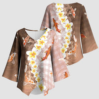 Hawaii And Japan Kimono Sleeve Blouse Plumeria Lei With Koi Fish Beige LT05 - Polynesian Pride