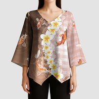 Hawaii And Japan Kimono Sleeve Blouse Plumeria Lei With Koi Fish Beige LT05 - Polynesian Pride