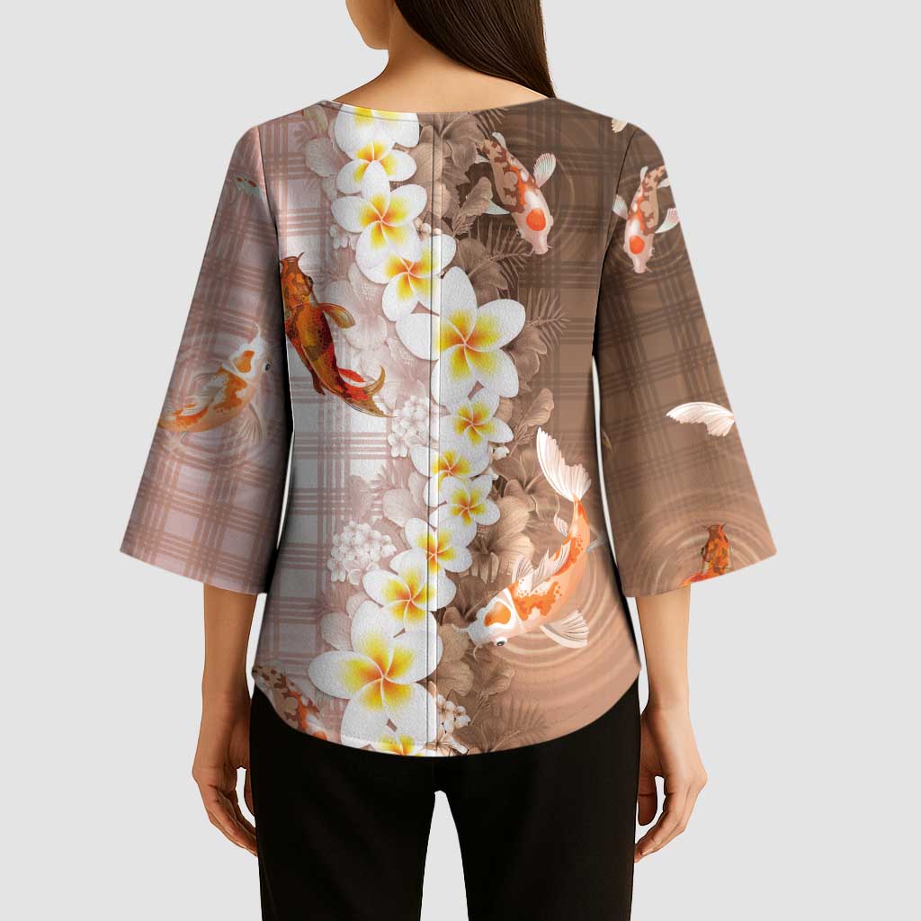 Hawaii And Japan Kimono Sleeve Blouse Plumeria Lei With Koi Fish Beige LT05 - Polynesian Pride