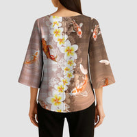 Hawaii And Japan Kimono Sleeve Blouse Plumeria Lei With Koi Fish Beige LT05 - Polynesian Pride