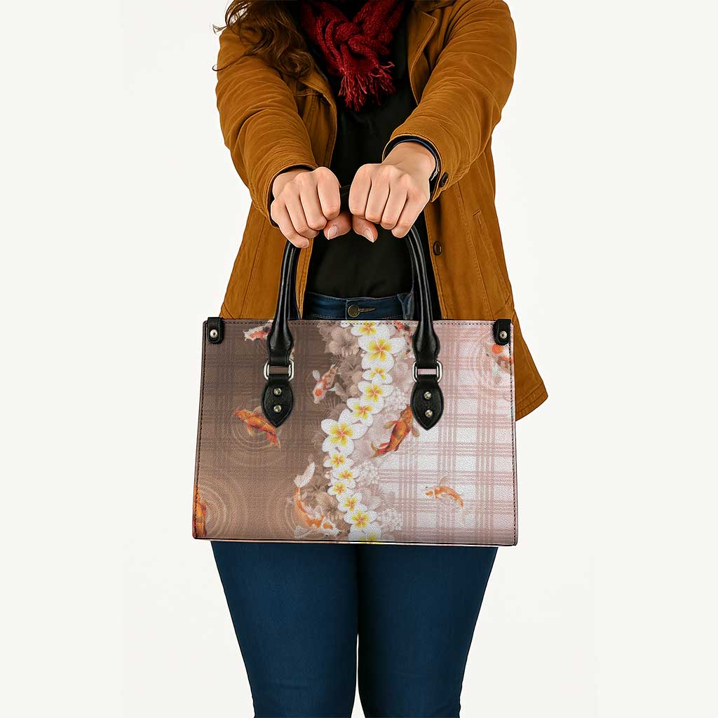 Hawaii And Japan Leather Bag Plumeria Lei With Koi Fish Beige - Polynesian Pride