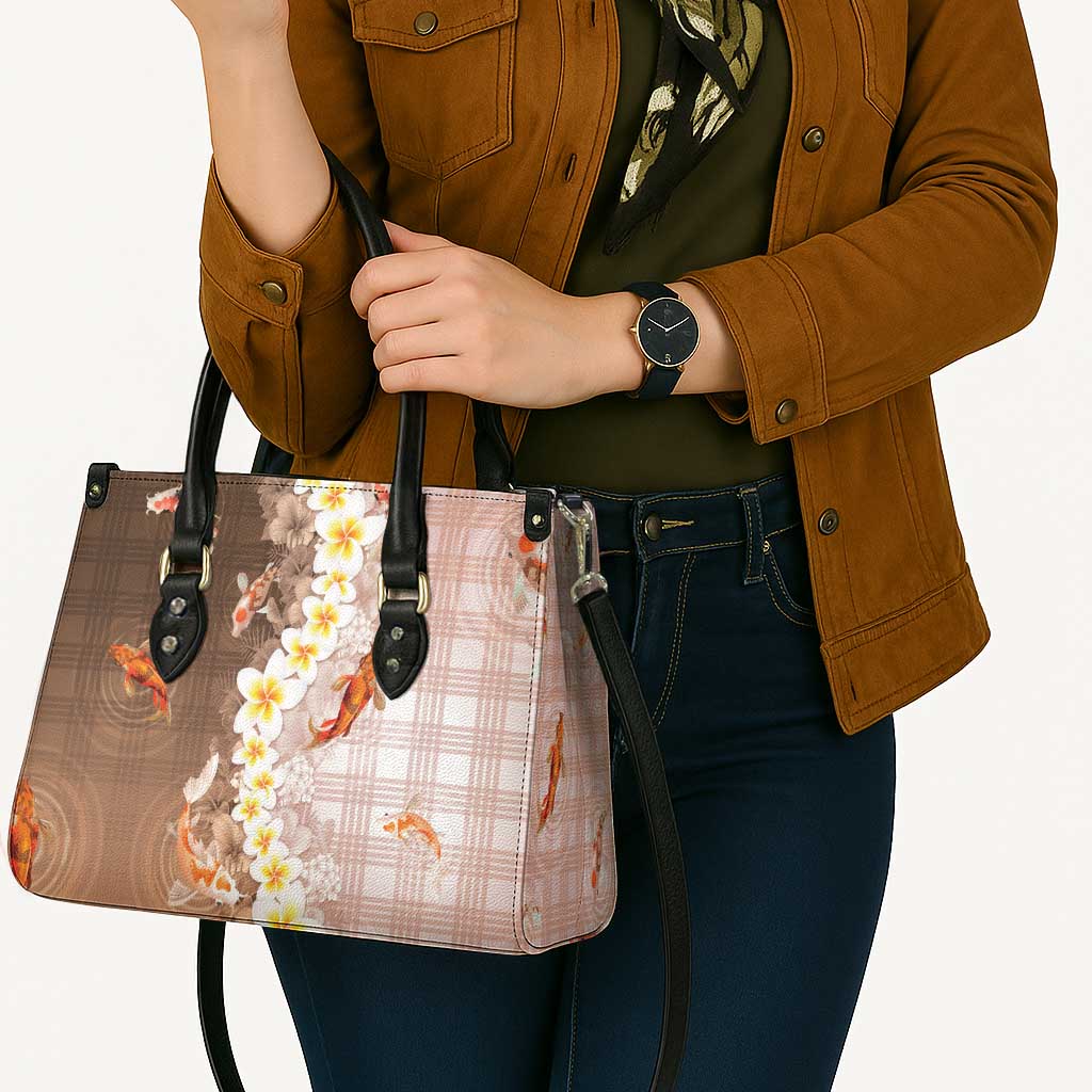 Hawaii And Japan Leather Bag Plumeria Lei With Koi Fish Beige - Polynesian Pride