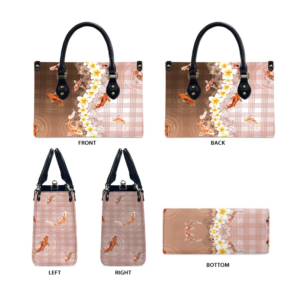 Hawaii And Japan Leather Bag Plumeria Lei With Koi Fish Beige - Polynesian Pride