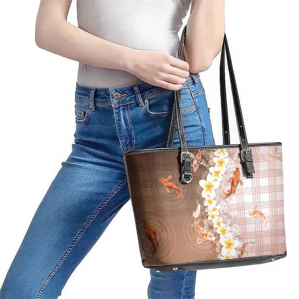 Hawaii And Japan Leather Tote Bag Plumeria Lei With Koi Fish Beige - Polynesian Pride