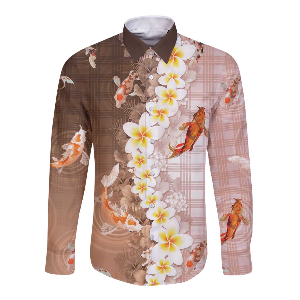 Hawaii And Japan Long Sleeve Button Shirt Plumeria Lei With Koi Fish Beige LT05 Unisex Beige - Polynesian Pride
