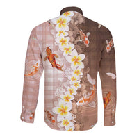 Hawaii And Japan Long Sleeve Button Shirt Plumeria Lei With Koi Fish Beige LT05 - Polynesian Pride