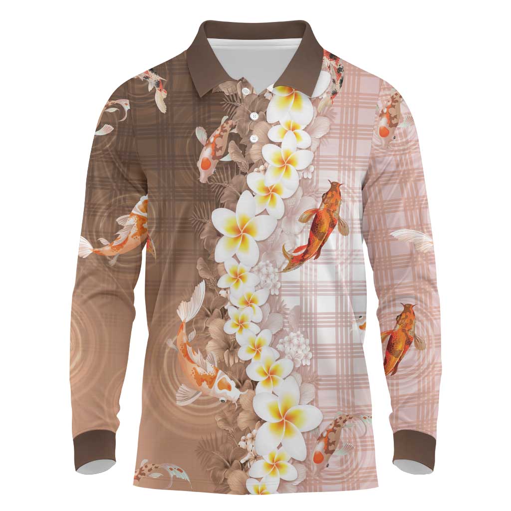 Hawaii And Japan Long Sleeve Polo Shirt Plumeria Lei With Koi Fish Beige LT05 Beige - Polynesian Pride