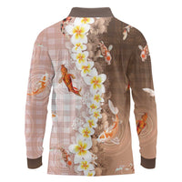 Hawaii And Japan Long Sleeve Polo Shirt Plumeria Lei With Koi Fish Beige LT05 - Polynesian Pride