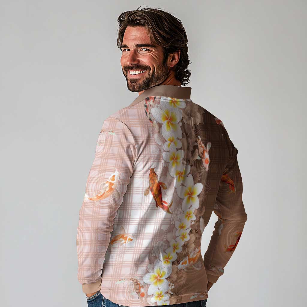 Hawaii And Japan Long Sleeve Polo Shirt Plumeria Lei With Koi Fish Beige LT05 - Polynesian Pride