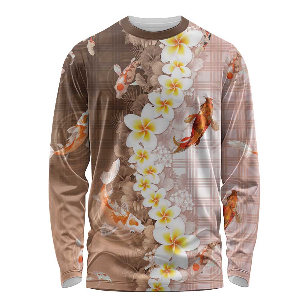 Hawaii And Japan Long Sleeve Shirt Plumeria Lei With Koi Fish Beige LT05 Unisex Beige - Polynesian Pride