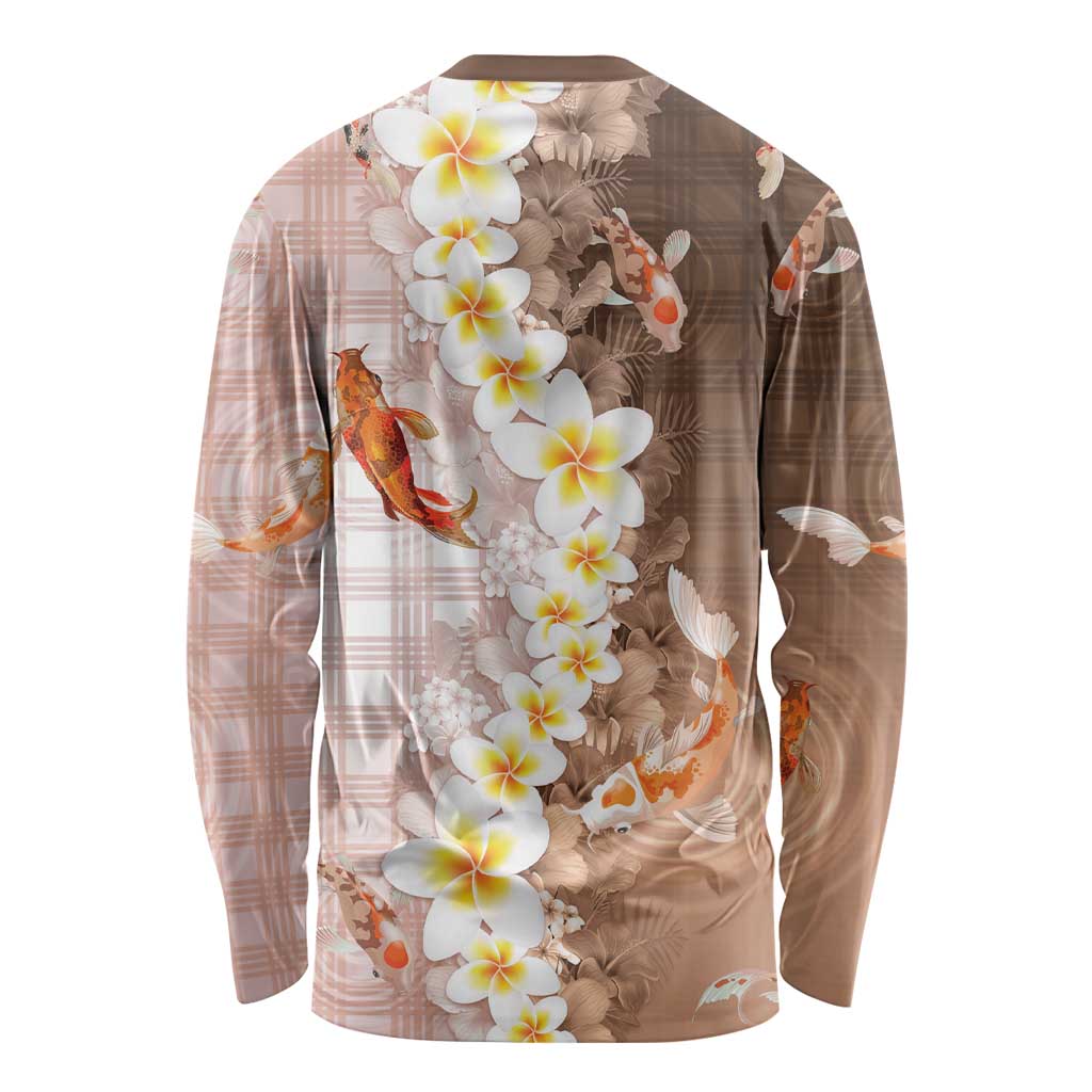 Hawaii And Japan Long Sleeve Shirt Plumeria Lei With Koi Fish Beige LT05 - Polynesian Pride