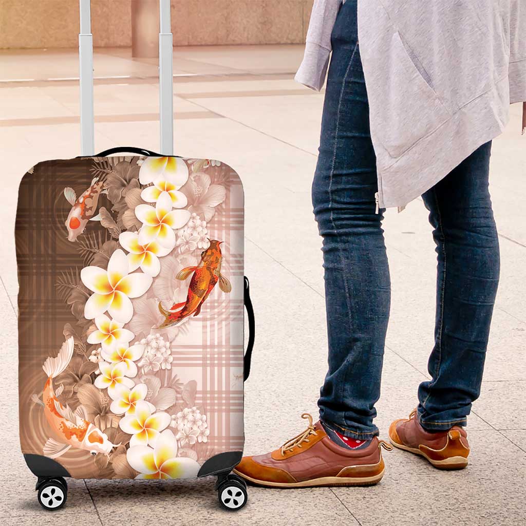 Hawaii And Japan Luggage Cover Plumeria Lei With Koi Fish Beige - Polynesian Pride