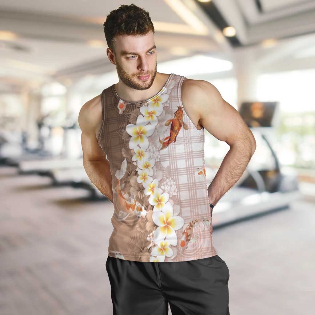 Hawaii And Japan Men Tank Top Plumeria Lei With Koi Fish Beige LT05 Beige - Polynesian Pride
