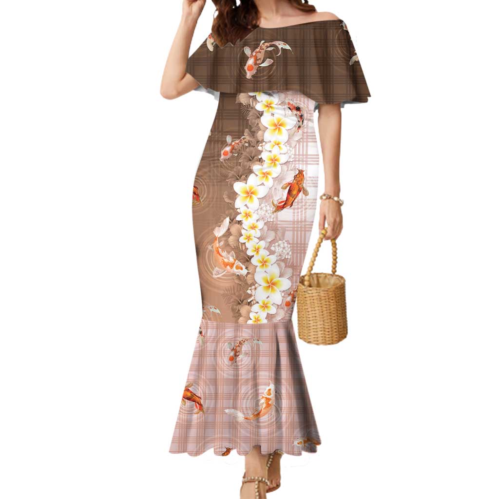Hawaii And Japan Mermaid Dress Plumeria Lei With Koi Fish Beige - Polynesian Pride