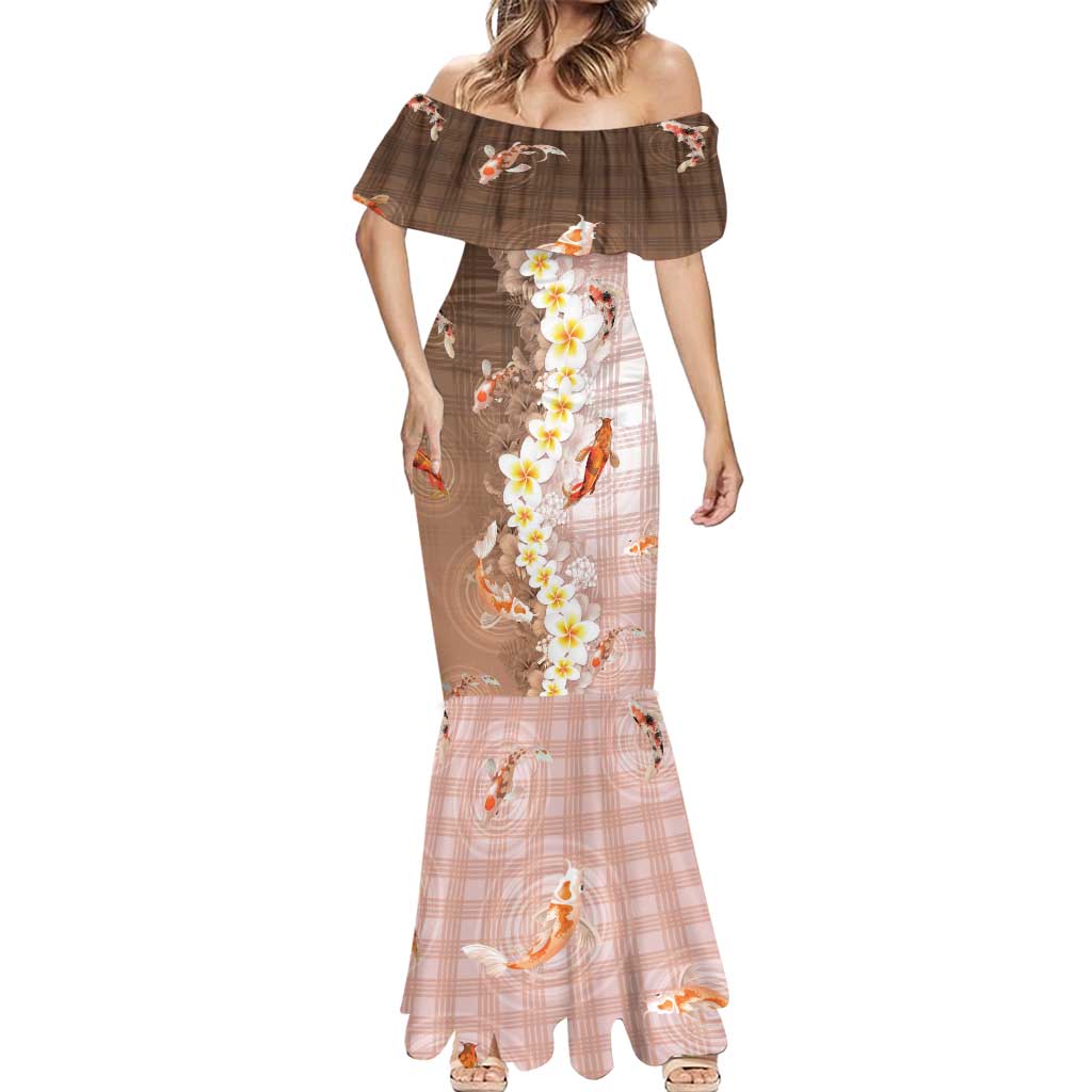 Hawaii And Japan Mermaid Dress Plumeria Lei With Koi Fish Beige - Polynesian Pride