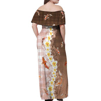Hawaii And Japan Off Shoulder Maxi Dress Plumeria Lei With Koi Fish Beige - Polynesian Pride