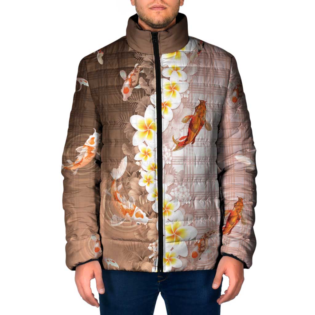 Hawaii And Japan Padded Jacket Plumeria Lei With Koi Fish Beige LT05 Men Beige - Polynesian Pride