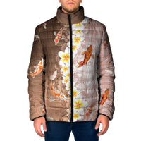 Hawaii And Japan Padded Jacket Plumeria Lei With Koi Fish Beige LT05 Men Beige - Polynesian Pride