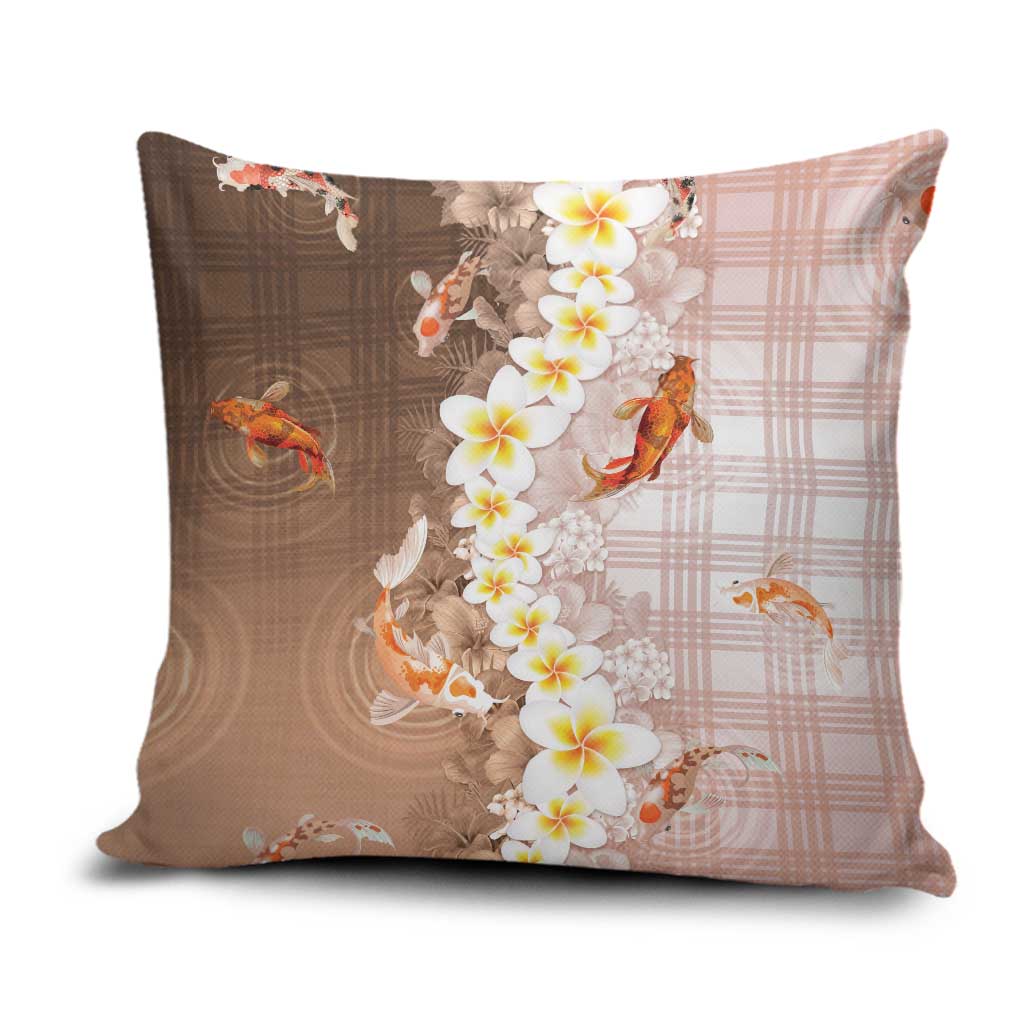 Hawaii And Japan Pillow Cover Plumeria Lei With Koi Fish Beige - Polynesian Pride