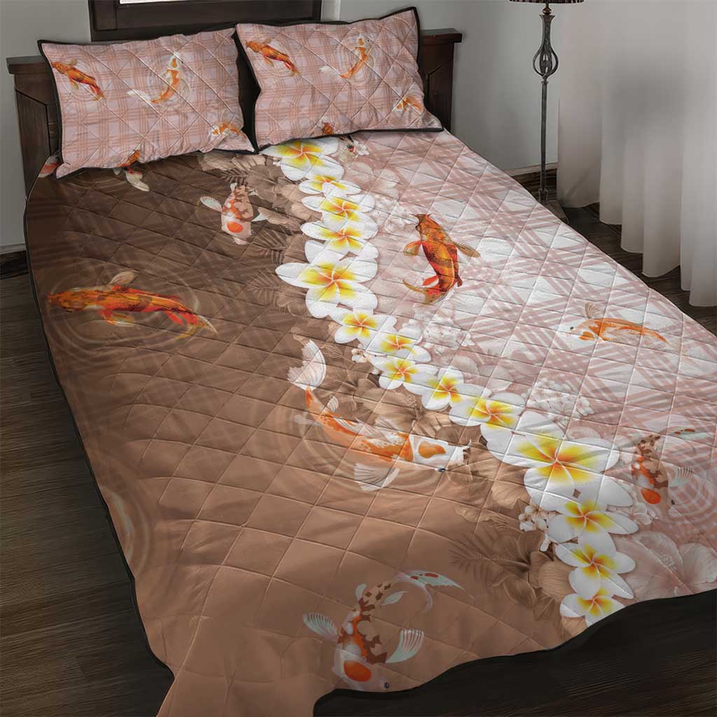 Hawaii And Japan Quilt Bed Set Plumeria Lei With Koi Fish Beige - Polynesian Pride