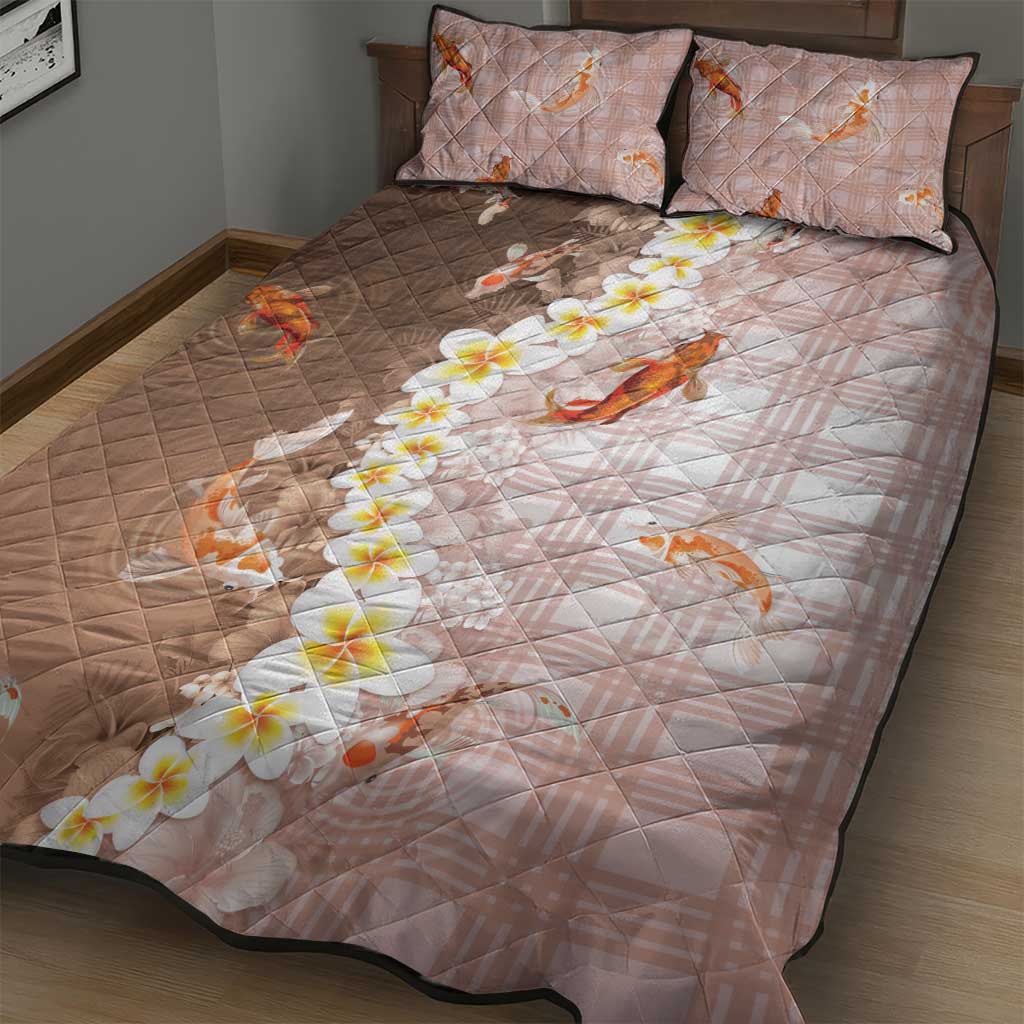 Hawaii And Japan Quilt Bed Set Plumeria Lei With Koi Fish Beige - Polynesian Pride