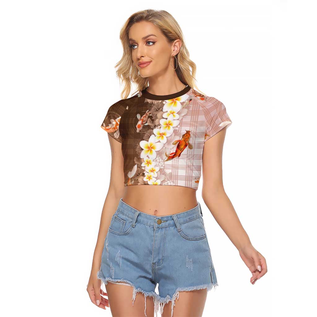 Hawaii And Japan Raglan Cropped T Shirt Plumeria Lei With Koi Fish Beige LT05 Female Beige - Polynesian Pride