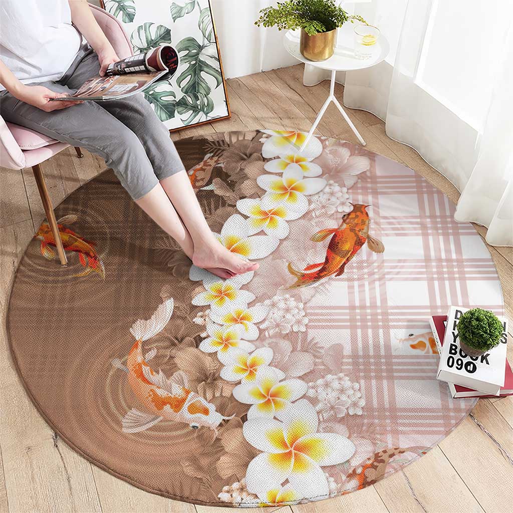 Hawaii And Japan Round Carpet Plumeria Lei With Koi Fish Beige - Polynesian Pride