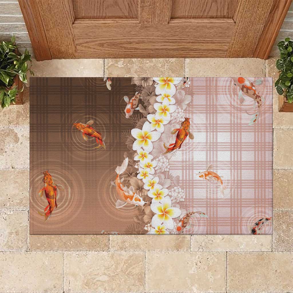 Hawaii And Japan Rubber Doormat Plumeria Lei With Koi Fish Beige LT05 Beige - Polynesian Pride