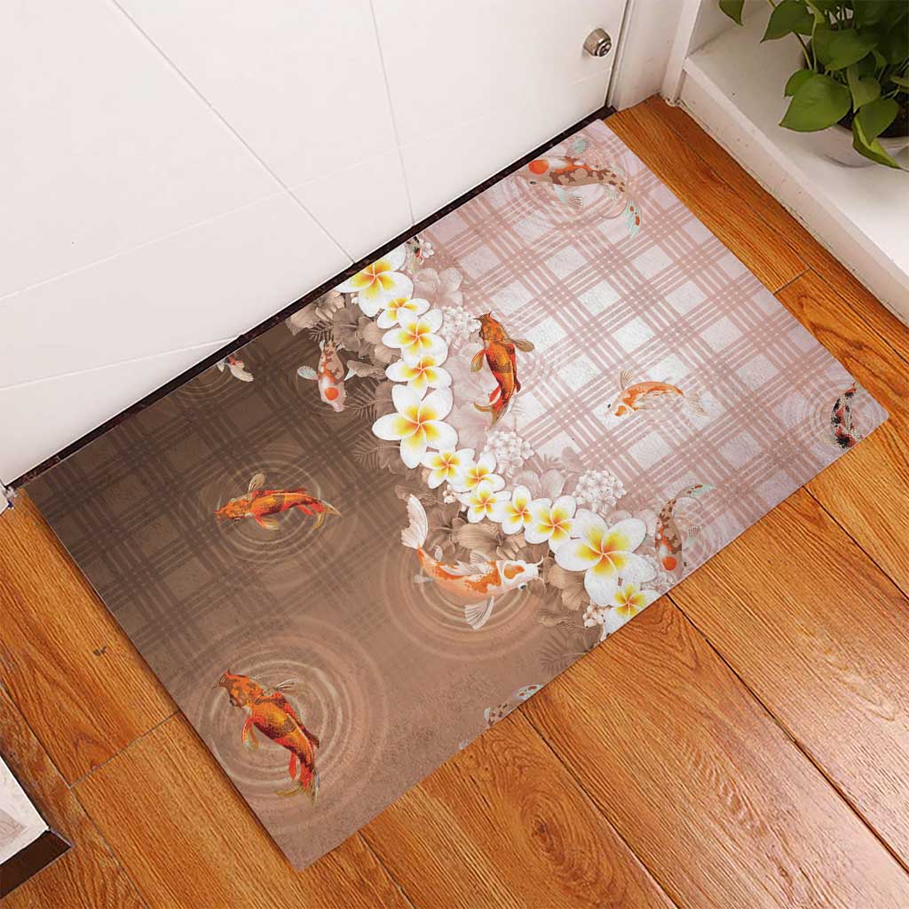 Hawaii And Japan Rubber Doormat Plumeria Lei With Koi Fish Beige LT05 - Polynesian Pride