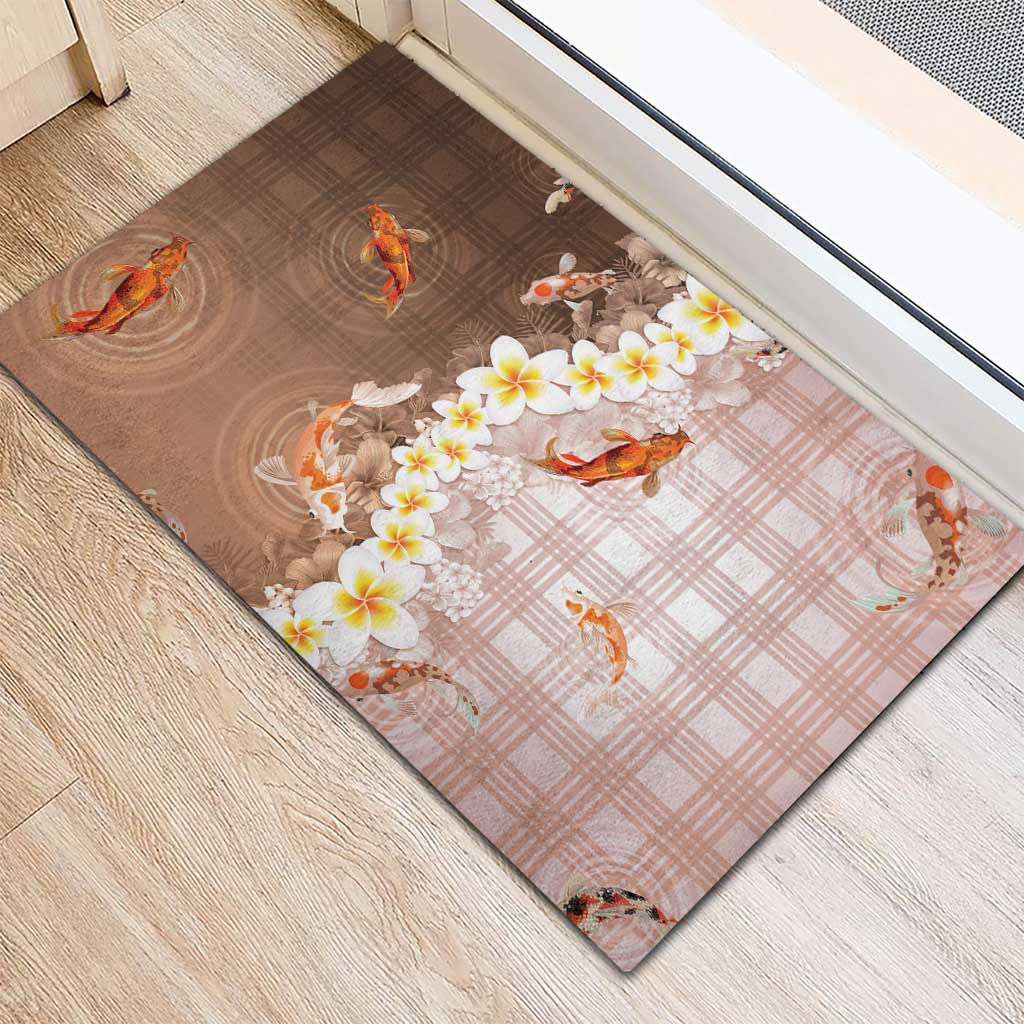 Hawaii And Japan Rubber Doormat Plumeria Lei With Koi Fish Beige LT05 - Polynesian Pride