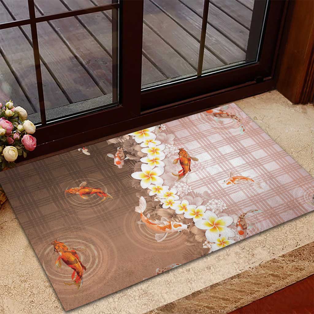 Hawaii And Japan Rubber Doormat Plumeria Lei With Koi Fish Beige LT05 - Polynesian Pride