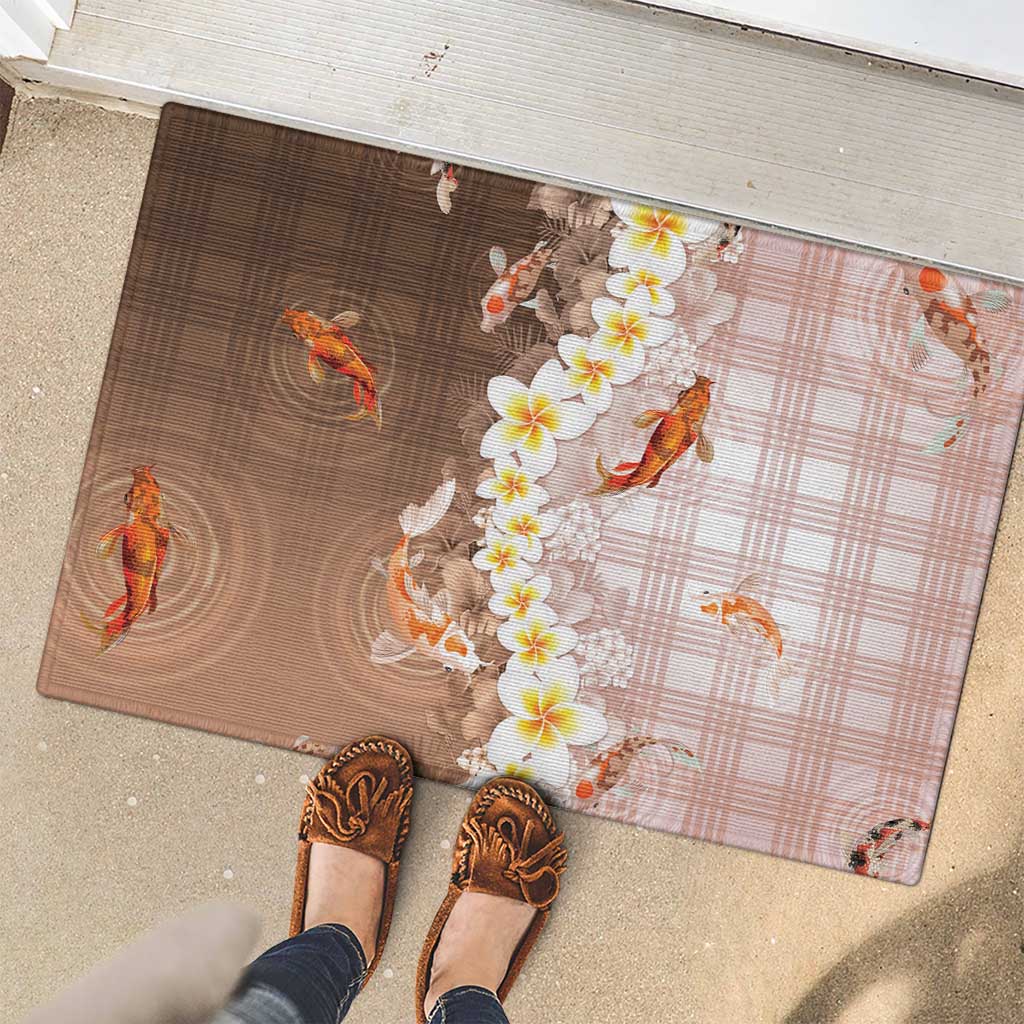 Hawaii And Japan Rubber Doormat Plumeria Lei With Koi Fish Beige LT05 - Polynesian Pride
