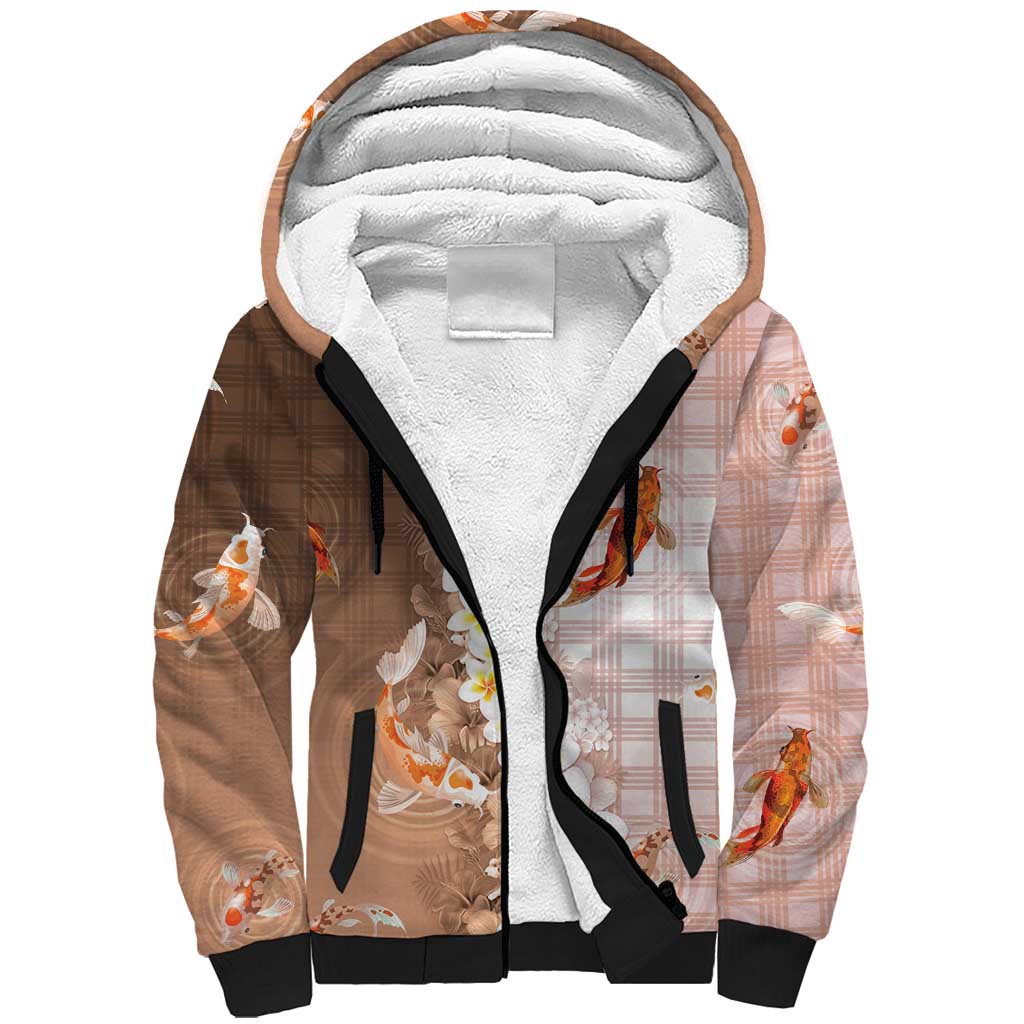 Hawaii And Japan Sherpa Hoodie Plumeria Lei With Koi Fish Beige - Polynesian Pride