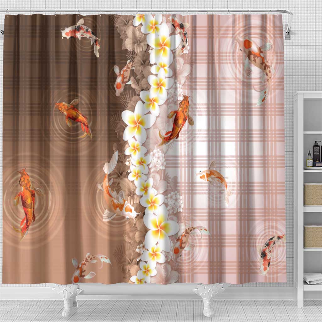 Hawaii And Japan Shower Curtain Plumeria Lei With Koi Fish Beige - Polynesian Pride