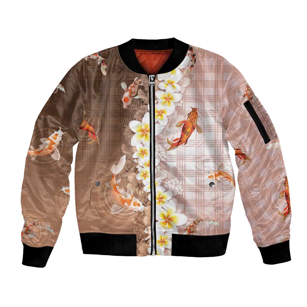 Hawaii And Japan Sleeve Zip Bomber Jacket Plumeria Lei With Koi Fish Beige LT05 Unisex Beige - Polynesian Pride