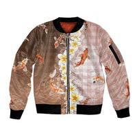 Hawaii And Japan Sleeve Zip Bomber Jacket Plumeria Lei With Koi Fish Beige LT05 Unisex Beige - Polynesian Pride