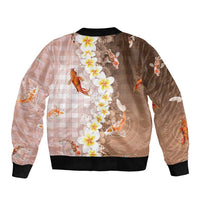 Hawaii And Japan Sleeve Zip Bomber Jacket Plumeria Lei With Koi Fish Beige LT05 - Polynesian Pride