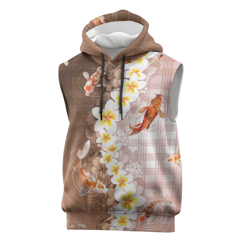 Hawaii And Japan Sleeveless Hoodie Plumeria Lei With Koi Fish Beige LT05 Beige - Polynesian Pride