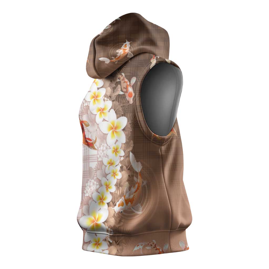 Hawaii And Japan Sleeveless Hoodie Plumeria Lei With Koi Fish Beige LT05 - Polynesian Pride