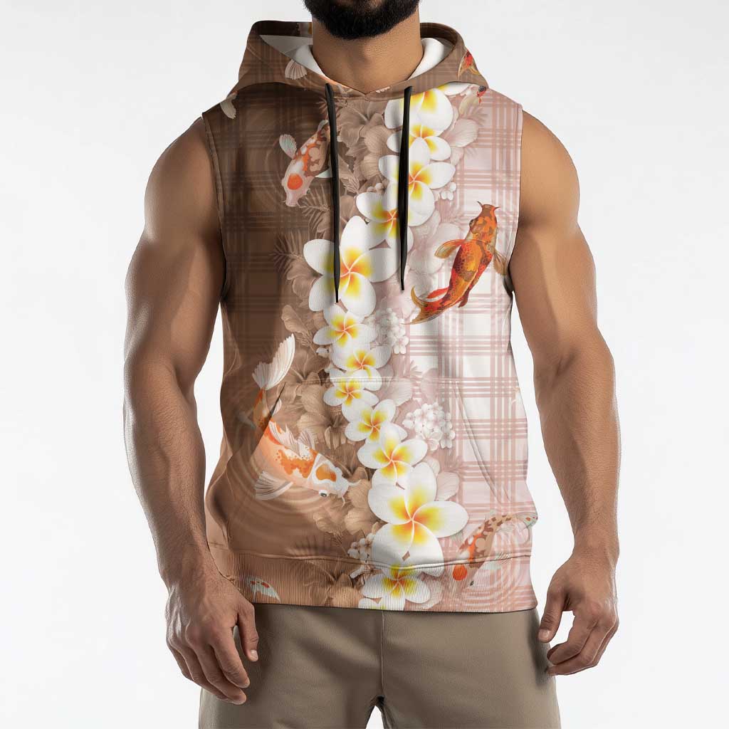 Hawaii And Japan Sleeveless Hoodie Plumeria Lei With Koi Fish Beige LT05 - Polynesian Pride