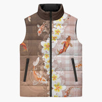 Hawaii And Japan Sleeveless Puffer Jacket Plumeria Lei With Koi Fish Beige LT05 Unisex Beige - Polynesian Pride