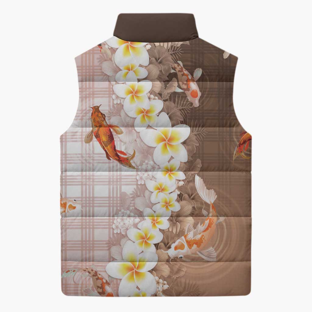 Hawaii And Japan Sleeveless Puffer Jacket Plumeria Lei With Koi Fish Beige LT05 - Polynesian Pride
