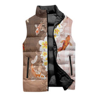 Hawaii And Japan Sleeveless Puffer Jacket Plumeria Lei With Koi Fish Beige LT05 - Polynesian Pride