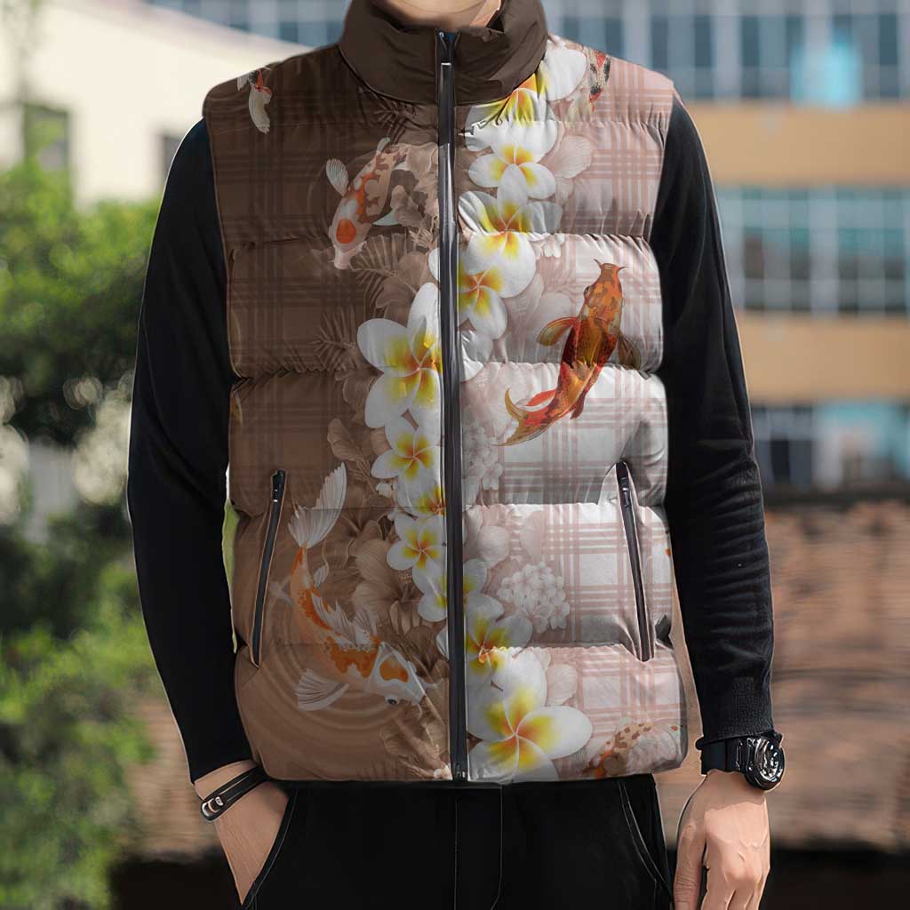 Hawaii And Japan Sleeveless Puffer Jacket Plumeria Lei With Koi Fish Beige LT05 - Polynesian Pride