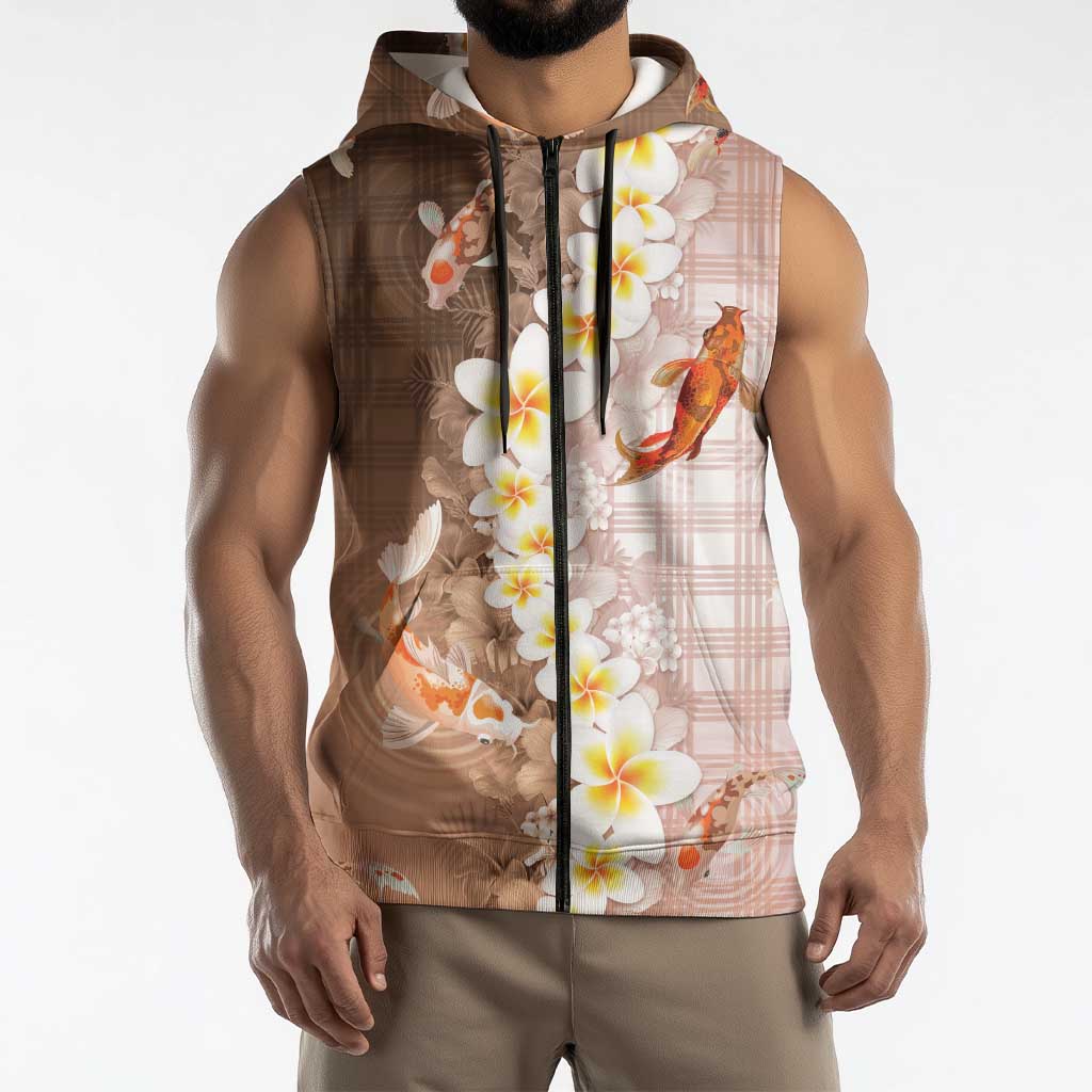 Hawaii And Japan Sleeveless Zip Hoodie Plumeria Lei With Koi Fish Beige LT05 - Polynesian Pride