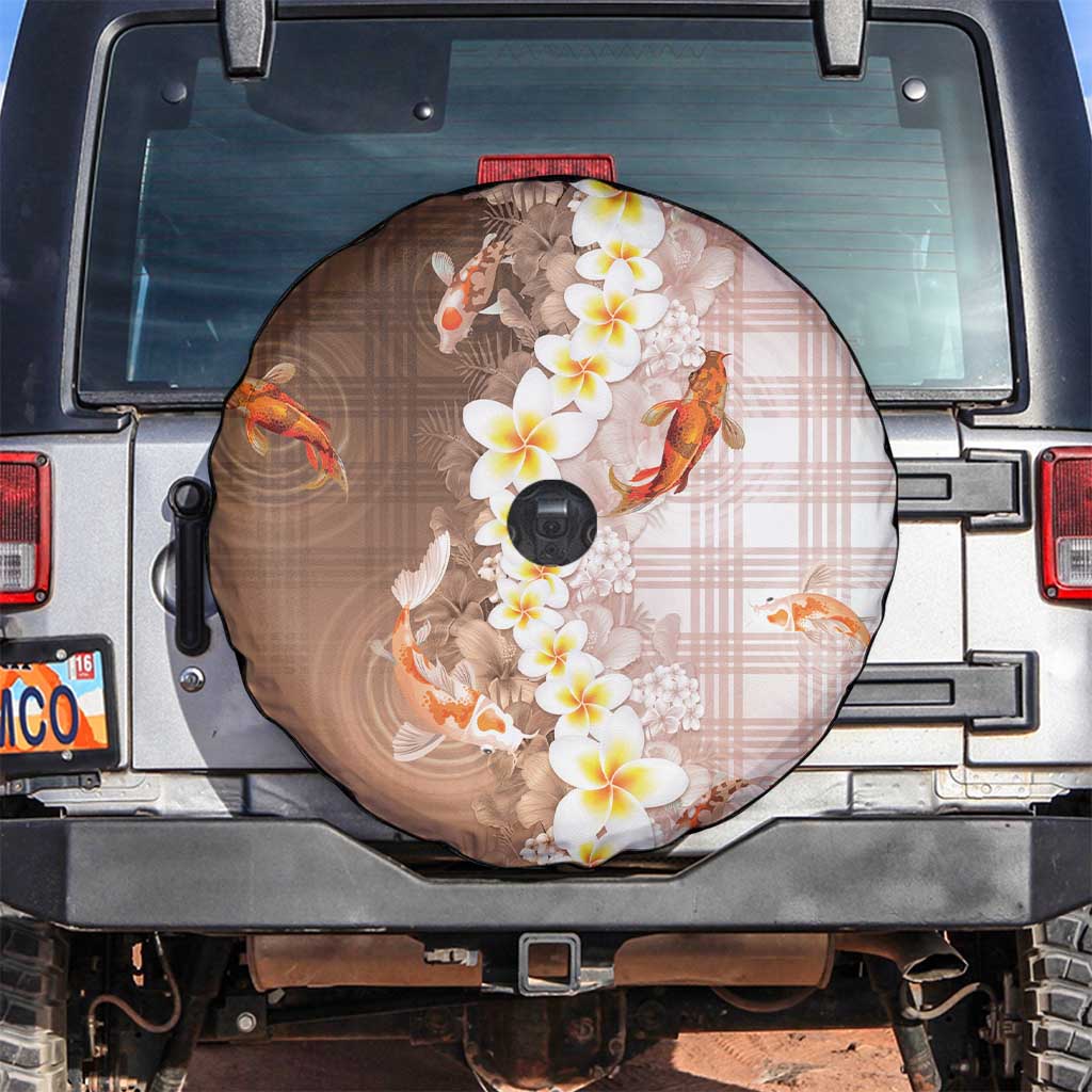 Hawaii And Japan Spare Tire Cover Plumeria Lei With Koi Fish Beige - Polynesian Pride