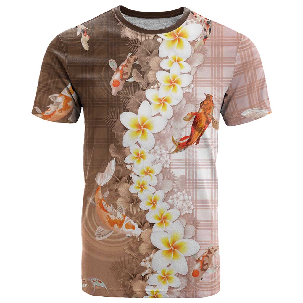 Hawaii And Japan T Shirt Plumeria Lei With Koi Fish Beige - Polynesian Pride